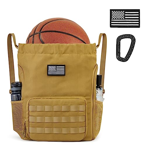 G4Free Drawstring Backpack Gym Backpack Soccer Basketball Bag with Shoes Compartment Tactical Water-Resistant String Sports Bag for Men Women(Tan) - color: Tan