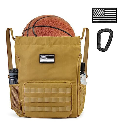 G4Free Drawstring Backpack Gym Backpack Soccer Basketball Bag with Shoes Compartment Tactical Water-Resistant String Sports Bag for Men Women(Tan) - color: Tan