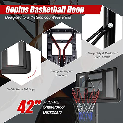 Goplus Portable Basketball Hoop Outdoor, 8.5-10FT Height Adjustable Basketball Stand w/39Inch Shatterproof Backboard, Fillable Base, 2 Nets, Indoor Ouside Driveway Court Basketball Goal for Adults