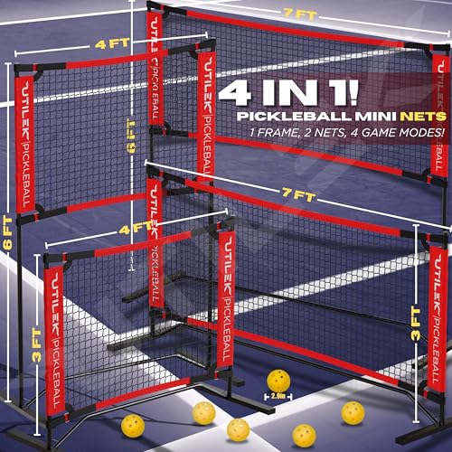 Mini Pickleball Dink Net, Small Size Set 4ft + 7ft, Paddles, Court Markers, 6 Balls, Bag, Rebounder Practice Trainer, Master Pickle Ball, Home Equipment Portable, Adjustable, Indoor, Outdoor, Driveway