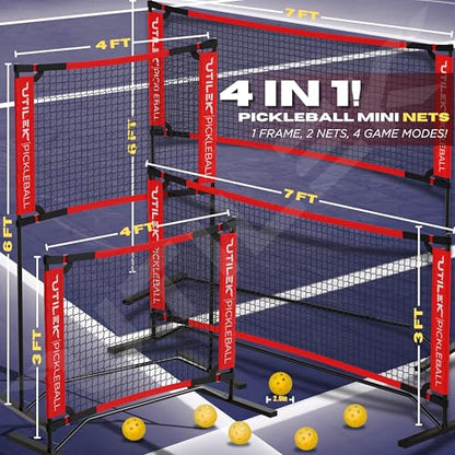 Mini Pickleball Dink Net, Small Size Set 4ft + 7ft, Paddles, Court Markers, 6 Balls, Bag, Rebounder Practice Trainer, Master Pickle Ball, Home Equipment Portable, Adjustable, Indoor, Outdoor, Driveway