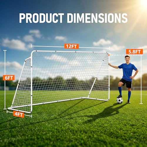 HomGarden 12'x6' Soccer Goal, Portable Football Net with Frame, Backyard Training & Outdoor Practice Goals for Adults & Kids, Easy Setup Tournament Equipment