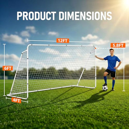 HomGarden 12'x6' Soccer Goal, Portable Football Net with Frame, Backyard Training & Outdoor Practice Goals for Adults & Kids, Easy Setup Tournament Equipment
