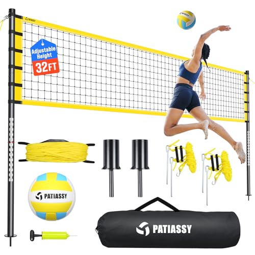 Outdoor Volleyball Net Set for Backyard & Beach, 32FT Regulation Size, Easy Setup Adjustable Height Poles, Portable Net System with PU Volleyball, Pump & Carry Bag - color: A-Yellow