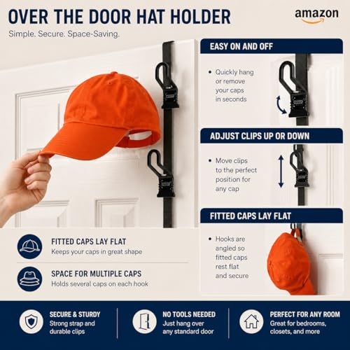 Perfect Curve Hat Organizer CapRack 2-Pack | Over-The-Door Hat Rack and Organizer | Baseball Cap Rack | Hat Rack for Door | 4 Straps | Holds 36 to 72 Adjustable Caps |Black - size: 4 Straps - up to 72 Caps