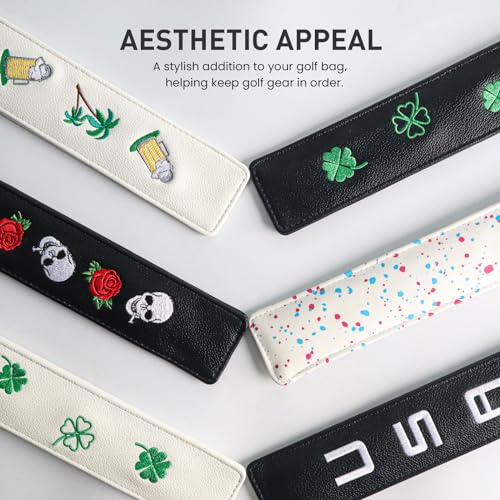 FINGER TEN Golf Alignment Stick Cover Headcover Rods Holder Case Leather 14''× 2'' in USA Black White Green Hold At Least 2 Sticks - color: Black-Lucky Clover