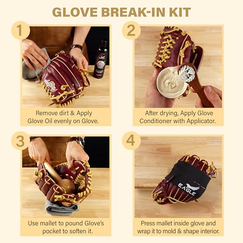 Eagle Glove Break in Kit - Glove Oil (8.45oz), Conditioner (3.38oz), Wrap, Mallet, Applicator & Cloth, 6-Pieces Set for Baseball Gloves, Softball Gloves