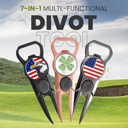 FINGER TEN Golf Divot Repair Tool and Ball Marker 7-in-1 Value 2 Pack, Premium Leather Grip Tools with Belt Clip, Club Tee, Club Groove Cleaner, Bottle Opener, Putting Alignment Guide - color: Glossy Black