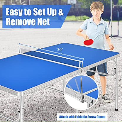Goplus Foldable Ping Pong Table, 100% Preassembled, Table Tennis Table with Net, 2 Paddles, Ping Pong Balls, Portable Table Tennis Game Set for Indoor Outdoor - style: Blue-60''