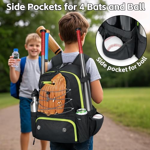 MATEIN Baseball Bat Bag for 4 Bats with Ball Pocket, Lightweight Youth Baseball Backpack with Shoe Compartment, Large Capacity Softball Equipment Bag with Fence Hook for TBall Gear, Helmet, Glove - color: Black