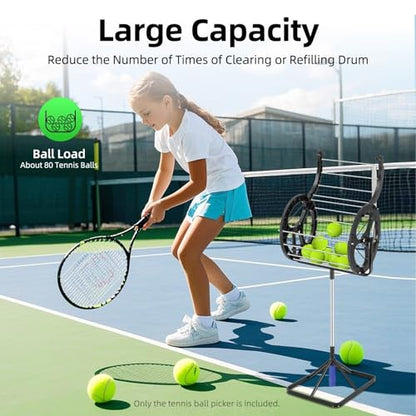 Automatic Tennis Ball Picker, 80 Balls Capacity, 2 in 1 Tennis Collector Basket with Adjustable Height, Rolling Ball Catcher with Handle, Portable Hopper for Gym Court, Club, School