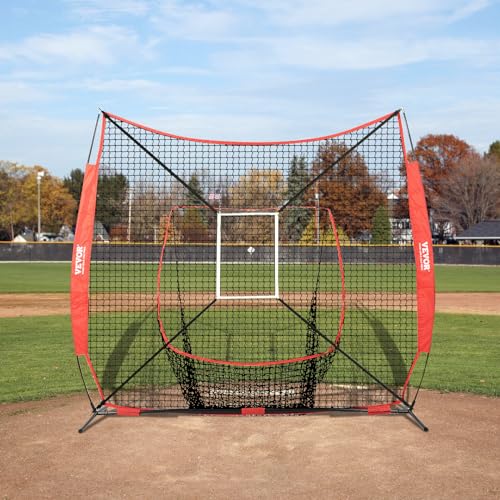 VEVOR Softball Practice Net, Portable Baseball Training Net for Hitting, Batting, Catching, Pitching - Backstop Equipment with Bow Frame, Carry Bag, Strike Zone, Batting Tee