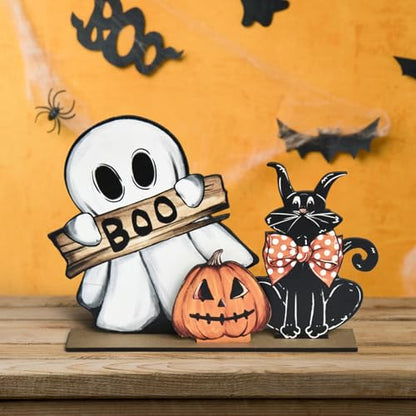 Smile Happy Halloween Wooden Table Decoration, Pumpkin Ghost Boo Black Cat Standing Centerpieces, Indoor Decor for Desk Shelf and Party - style: Halloween