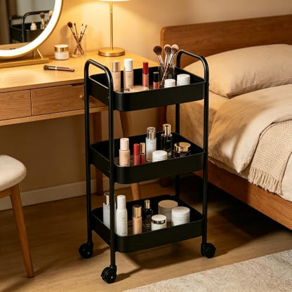 3-Tier Metal Rolling Utility Cart with Handle, Multi-Functional Storage Trolley for Office, Living Room, Kitchen, Movable Storage Organizer with Wheels, Black