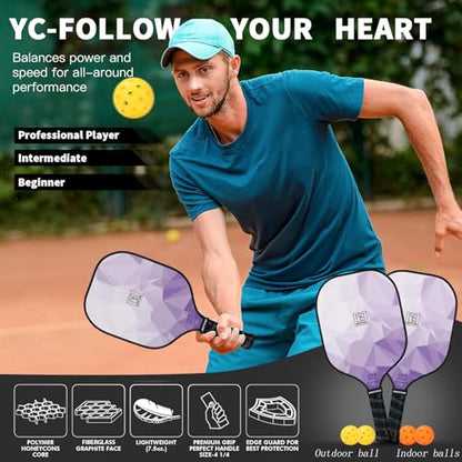 YC DGYCASI Pickleball Paddles Set of 2, 2026 USAPA Approved Pickleball Set, Fiberglass Lightweight Pickle Ball Rackets 2 Pack, 2 Outdoor Pickleball, 2 Indoor Pickleball Balls, 1 Pickleball Bag - color: Purple