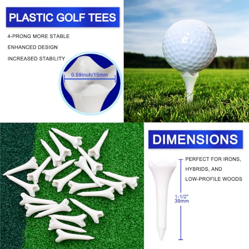 1 ½” Plastic Golf Tees - These Short Golf Tees are Perfect for Irons, Hybrids, Par Threes, Low Profile Woods, and the Driving Range -Pack of 50 Bulk White Durable 4 Prongs Plastic Tees
