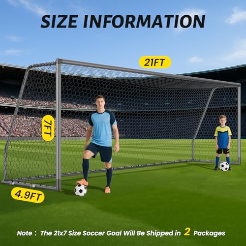 NAIZEA Soccer Goals - 24x8/21x7/18x7/12x6/16x7/10x6/8x6/6x4FT Soccer Goals for Backyard Training- Portable Metal Soccer Net for Youth & Adults - Heavy Duty Steel for Indoor Outdoor Games & Practice - size: 21ft x 7ft, style: Pro-Grey/Alu