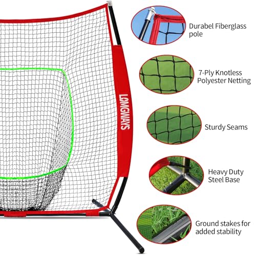 7x7ft/8x8ft Baseball Softball Net with Steel Frame for Batting, Hitting, Pitching, Portable Baseball Batting Net with Carry Bag, Great for All Levels - size: 7FT Red