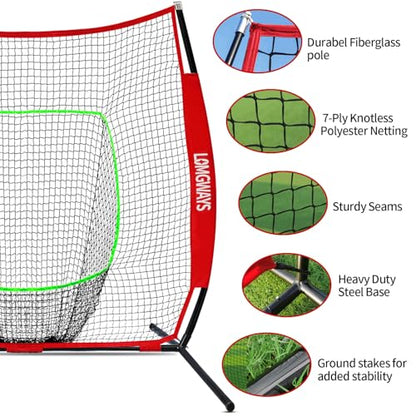 7x7ft/8x8ft Baseball Softball Net with Steel Frame for Batting, Hitting, Pitching, Portable Baseball Batting Net with Carry Bag, Great for All Levels - size: 7FT Red