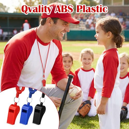 60 Pcs Whistles Bulk, Outdoor Sports Whistles with Lanyard Loud Crisp Sound Whistle for Coach Referees Training Emergency (Black, Blue, Red)