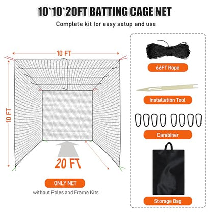Baseball Batting Cage Net, 10x10x20/10x10x35ft Softball Baseball Batting Netting for Backyard, Portable Hitting Practice Training Only Net with Carabiners & Carry Bag for Home Indoor Outdoor