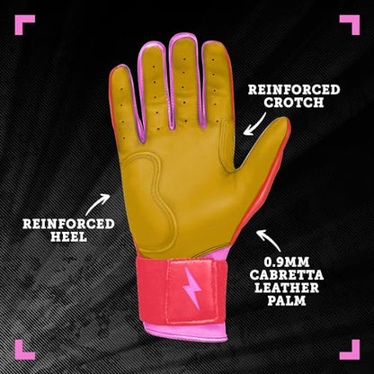BRUCE BOLT Signature Series Long Cuff Batting Gloves - Pro-Athlete Collection - Adult & Youth Sizes - color: Bader/Pink, size: Small