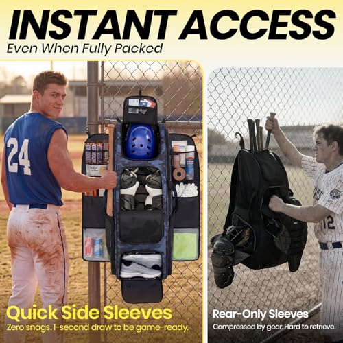 100L Rolling Catchers Gear Bag for Baseball Softball, Tactical Strike Edition, Fits Full Set & 8 Bats, All-Terrain Wheels, Stand-Up Base, Vented Shoe Zone, Reflective Strip, Fence Hooks