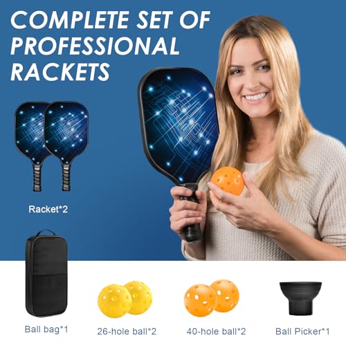 Pickle Ball Set Pickleball Paddles Set of 2 Carbon Fiber Pickleball Paddle Includes 4 Balls, 2 Ball Pickers, 1 Ball Bag Best Gifts for Junior and Professional Pickleball Equipment - color: Blue