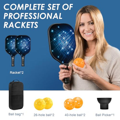 Pickle Ball Set Pickleball Paddles Set of 2 Carbon Fiber Pickleball Paddle Includes 4 Balls, 2 Ball Pickers, 1 Ball Bag Best Gifts for Junior and Professional Pickleball Equipment - color: Blue