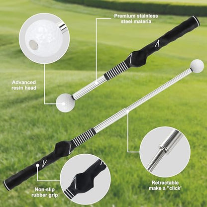 Pro-Level Retractable Golf Swing Trainer, Training Aid with Golf Grip Trainer, Golf Trainer for Beginners & Tempo Training for Advanced, Click Feedback, Arm Connection, Indoor/Outdoor