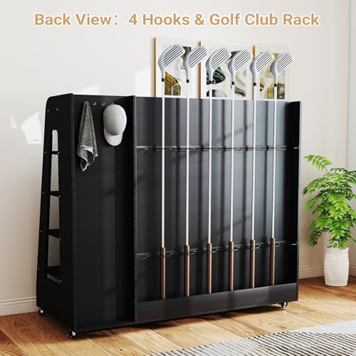 Zevemomo Wooden Golf Bag Organizer with Wheels, Golf Storage Organizer for Garage, 3 Golf Bag Storage Rack, Holds 3 Golf Bags and Golf Equipment, Suitable for Garage Home Golf Club, Black