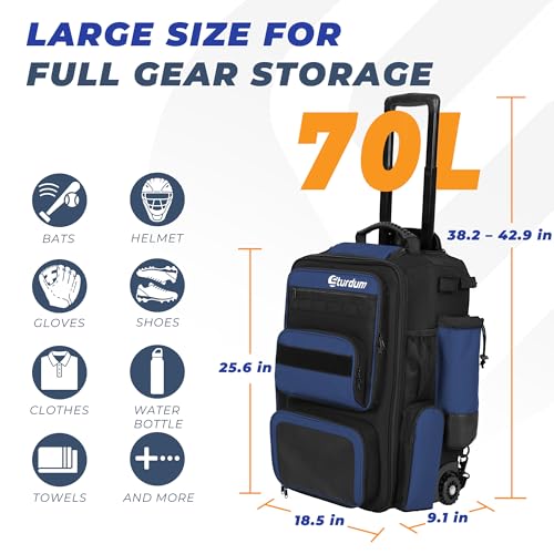 Rolling Baseball Bag with Wheels, 70L Large Capacity Baseball Backpack with Hidden Shoulder Strap, Sturdy Softball Bag with Multi-Pockets, Shoe Compartment, Fence Hooks for Players, Coaches - color: Blue