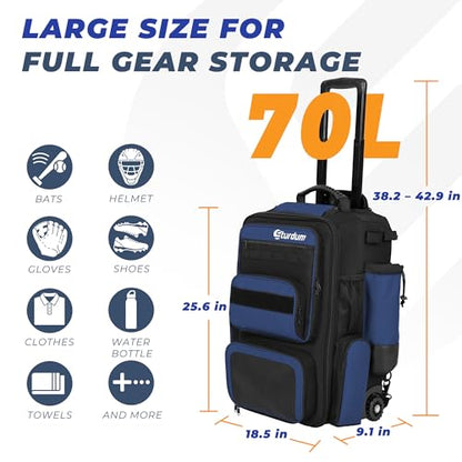 Rolling Baseball Bag with Wheels, 70L Large Capacity Baseball Backpack with Hidden Shoulder Strap, Sturdy Softball Bag with Multi-Pockets, Shoe Compartment, Fence Hooks for Players, Coaches - color: Blue