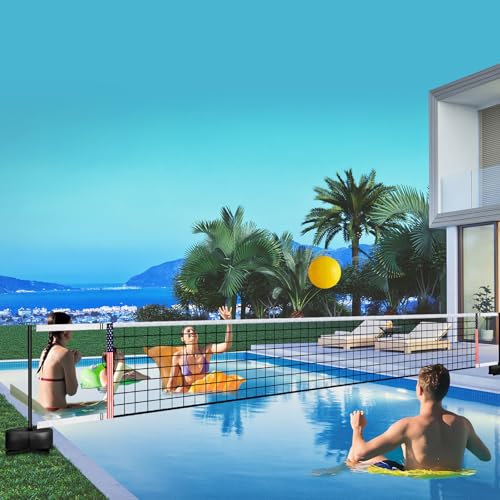 Portable Pool Volleyball Net System -4th of July Celebration Adjustable 16.5-26.5FT Length Net Includes 2 Water Volleyballs, Heavy-Duty Water-Filled Base Perfect for Pickleball, Tennis & Pool Games