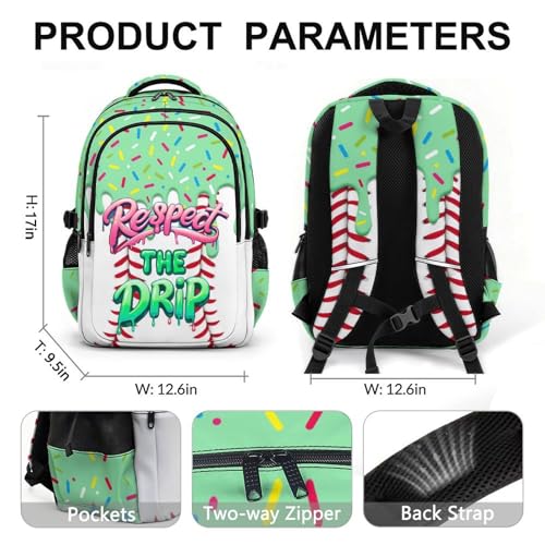 Backpack for School Baseball Drip Backpack for Boys Girls, Green Durable Aesthetic Bookbag for Club Home Camp Hiking Teams - color: Green