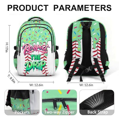 Backpack for School Baseball Drip Backpack for Boys Girls, Green Durable Aesthetic Bookbag for Club Home Camp Hiking Teams - color: Green