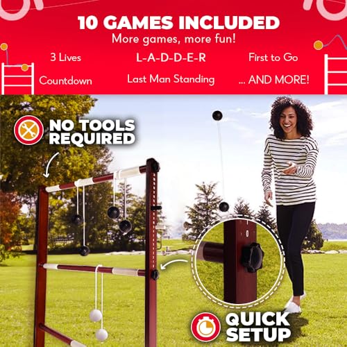 SWOOC Games® - Premium Wooden Ladder Ball Game Set (Weather Resistant) - with 10+ Games & Carrying Case - Easy, No Tool Set Up - Premium Ladder Toss Outdoor Game - Backyard Ball Toss Games