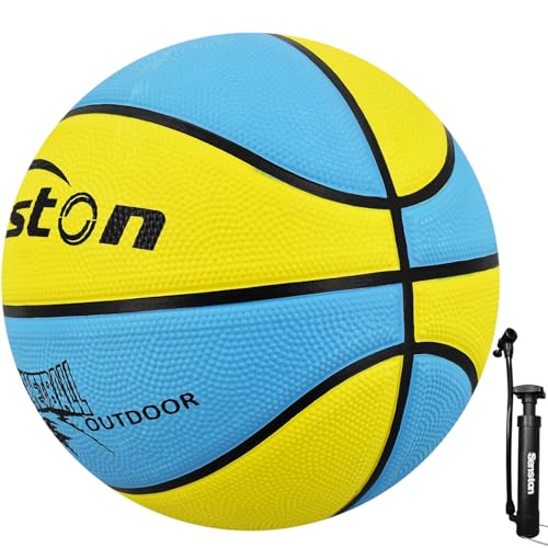 Senston 25.5''/27.5''/29.5'' Outdoor Basketball Ball Excellent Elasticity/Grip Rubber Basketballs with Pump, Durable Size 3/5/7 Outdoor/Indoor Basketball - color: Blue/Yellow, size: 27.5''/Size 5