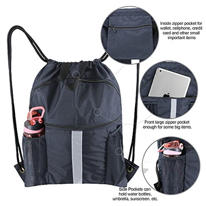 BeeGreen Drawstring Backpack Bag with Shoe Compartment, X-Large Black Gym Sports String Cinch Backpack - color: Navy
