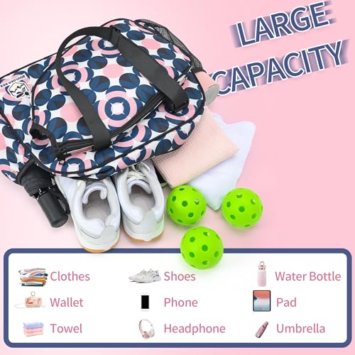 Boulder Bee Pickleball Bags, Premium Pickleball Tote Bag for Girls, Women’s Hand/Shoulder Gym Bag w Water Bottle Holder, with Pickleball Racquet/Paddle Holder - color: Pink and Blue Circle