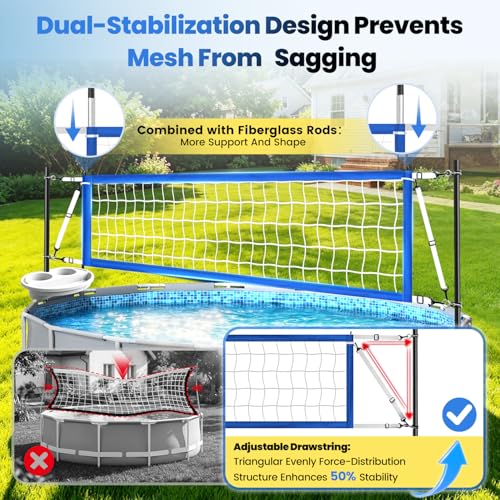 Above Ground Pool Volleyball Net Set with Storage Tray - Swimming Pool Volleyball Net for Pool with Adjustable 10-20FT Width Anti-Sagging Net - Outdoor Poolside Games with Ball, Pump, Poles - style: Above Ground Pool Volleyball Net