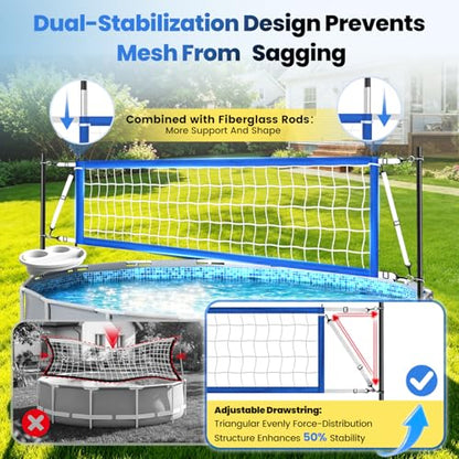 Above Ground Pool Volleyball Net Set with Storage Tray - Swimming Pool Volleyball Net for Pool with Adjustable 10-20FT Width Anti-Sagging Net - Outdoor Poolside Games with Ball, Pump, Poles - style: Above Ground Pool Volleyball Net
