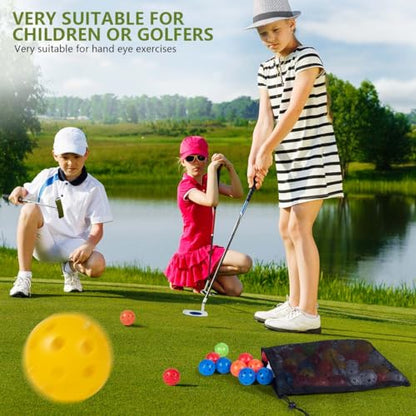 KISEER 90 Pack Colorful Plastic Practice Golf Balls Airflow Hollow Training Golf Balls with Nylon Mesh Bags for Driving Range, Swing Practice, Outdoor or Home Use