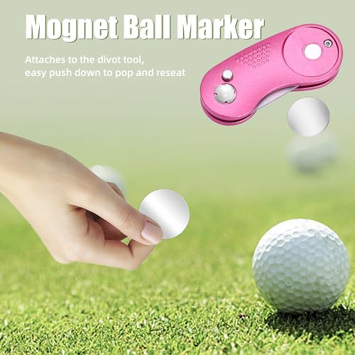 Mile High Life Golf Divot Repair Tool, All Metal Foldable Divot Tool with Pop-up Button & Magnetic Ball Marker - color: Pink Curve