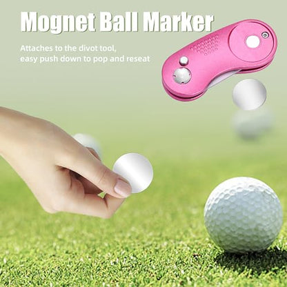 Mile High Life Golf Divot Repair Tool, All Metal Foldable Divot Tool with Pop-up Button & Magnetic Ball Marker - color: Pink Curve