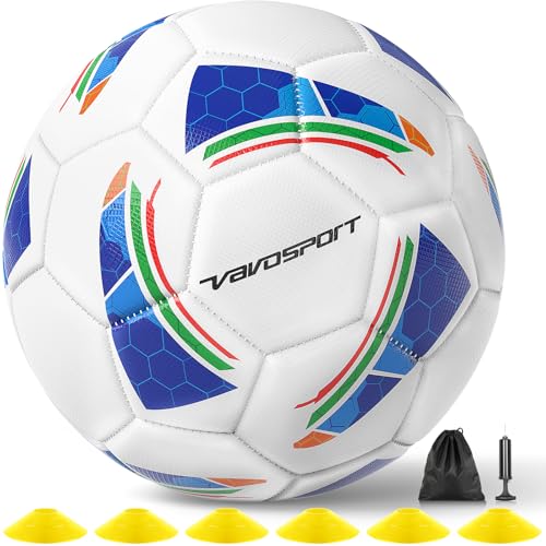 VAVOSPORT Soccer Ball Set – Official Size 3, 4, 5 Soccer Balls with Pump & 6 Cones, Waterproof TPU Leather Soccer Training Equipment for Kids, Youth & Adults, Gifts for Sports Play and Outdoor Games - size: Size 4