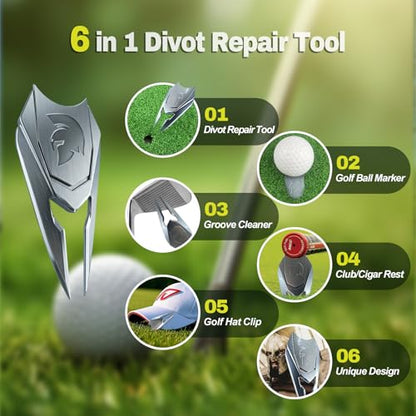Golf Divot Repair Tool with Belt Clip & Magnetic Ball Marker | Spartan Helmet Design | Solid Metal Non-Foldable Golf Gift for Men | Silver, Black
