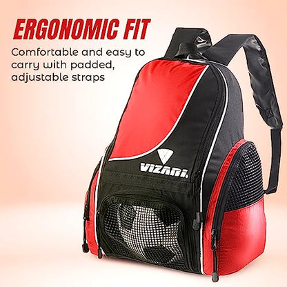 Vizari Solano Soccer Backpack With Ball Compartment and Vented Ball Pocket and Mesh Side Cargo Pockets for Adults and Teens - color: Red