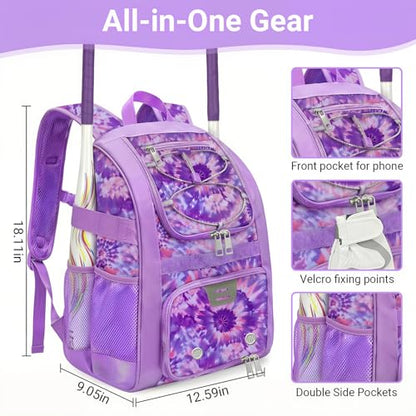 Youth Baseball Bag - Softball Bag for Girls & Boys with Shoes Compartment, Bat Backpack for Baseball, T-Ball & Softball Equipment - color: Tie-dye-Purple