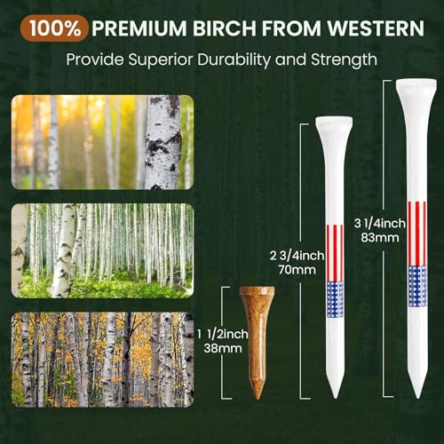 Amy Sport Golf Tees Western Birch Wood Value 100 Pack, 80 Tee 2 3/4 or 3 1/4 Inch with 20 Short 1 1/2 Inch Driving Range Tees, 5X More Durable 5X Stronger & Less Friction Tees